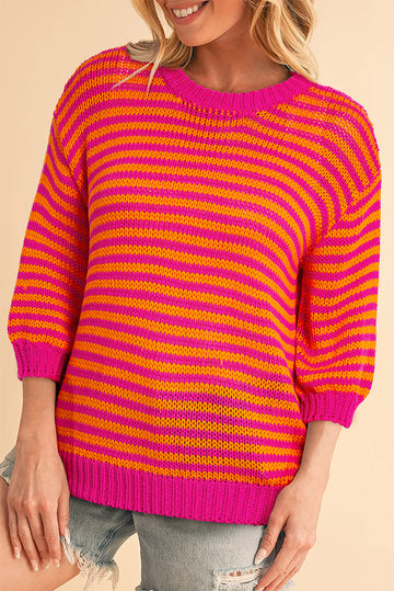 Rose Stripe 3/4 Puff Sleeve Drop Shoulder Sweater eAura