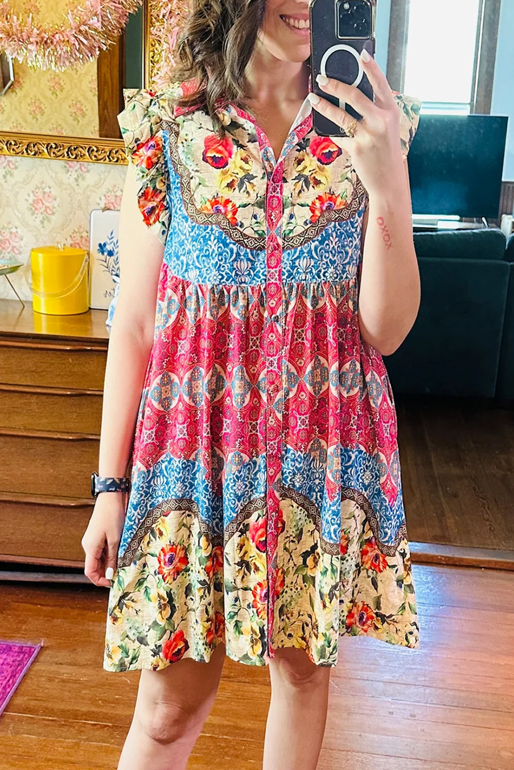 Rose Floral Mixed Pattern Ruffle Flutter Sleeve Buttoned Dress eAura