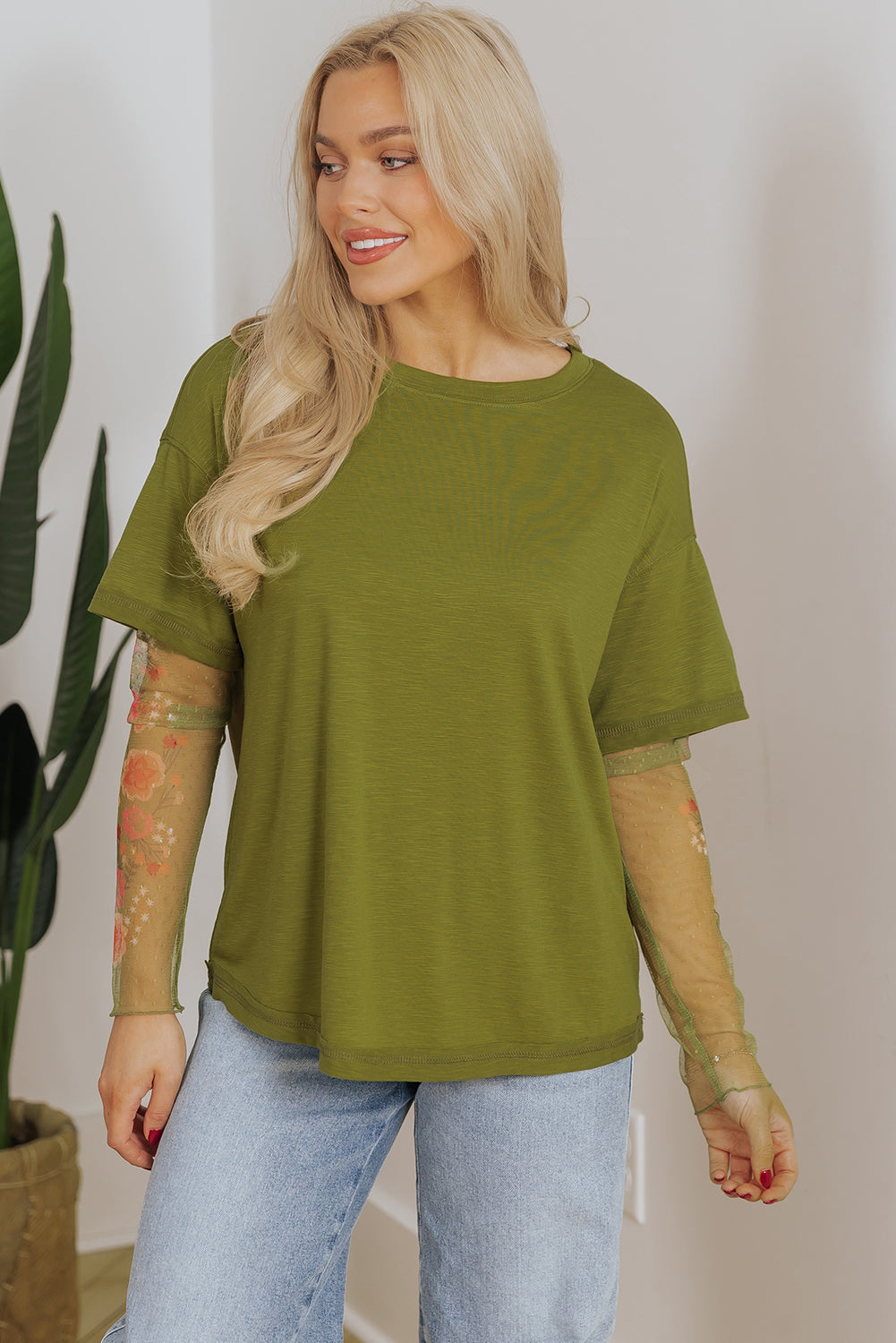 Fern Green Faux Two Piece Floral Long Sleeve Patchwork Tee eAura