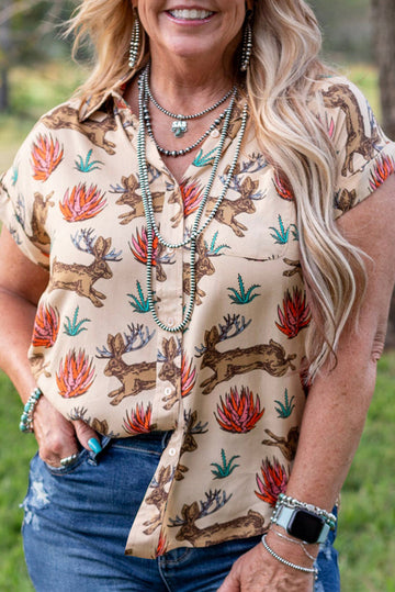 Khaki Plus Size Western Pattern Print Buttoned Short Sleeve Shirt BB Fashion Outlet