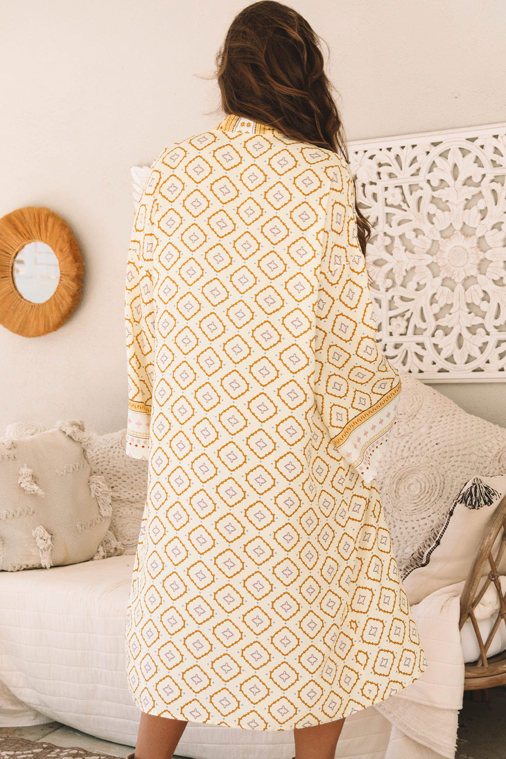 Yellow Bohemian Geometric Printed Loose Sleeve Long Kimono eAura
