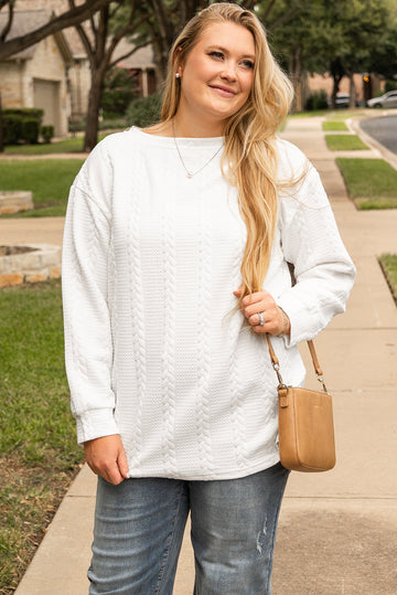 White Cable Textured Loose Plus Size Sweatshirt BB Fashion Outlet