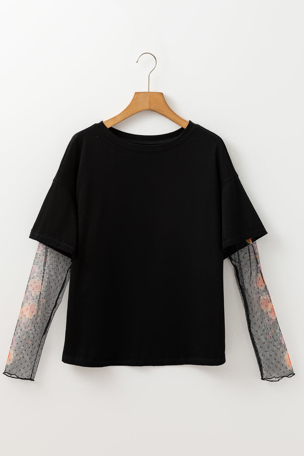 Black Faux Two Piece Floral Long Sleeve Patchwork Tee eAura