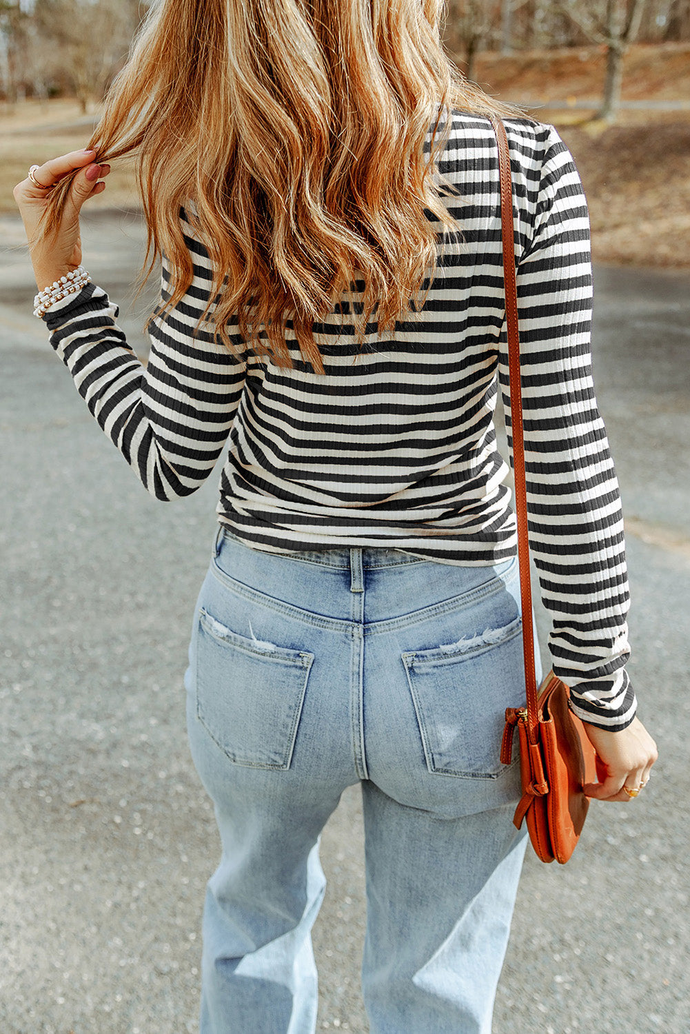 Black Striped Print Textured Knit Long Sleeve Tee eAura
