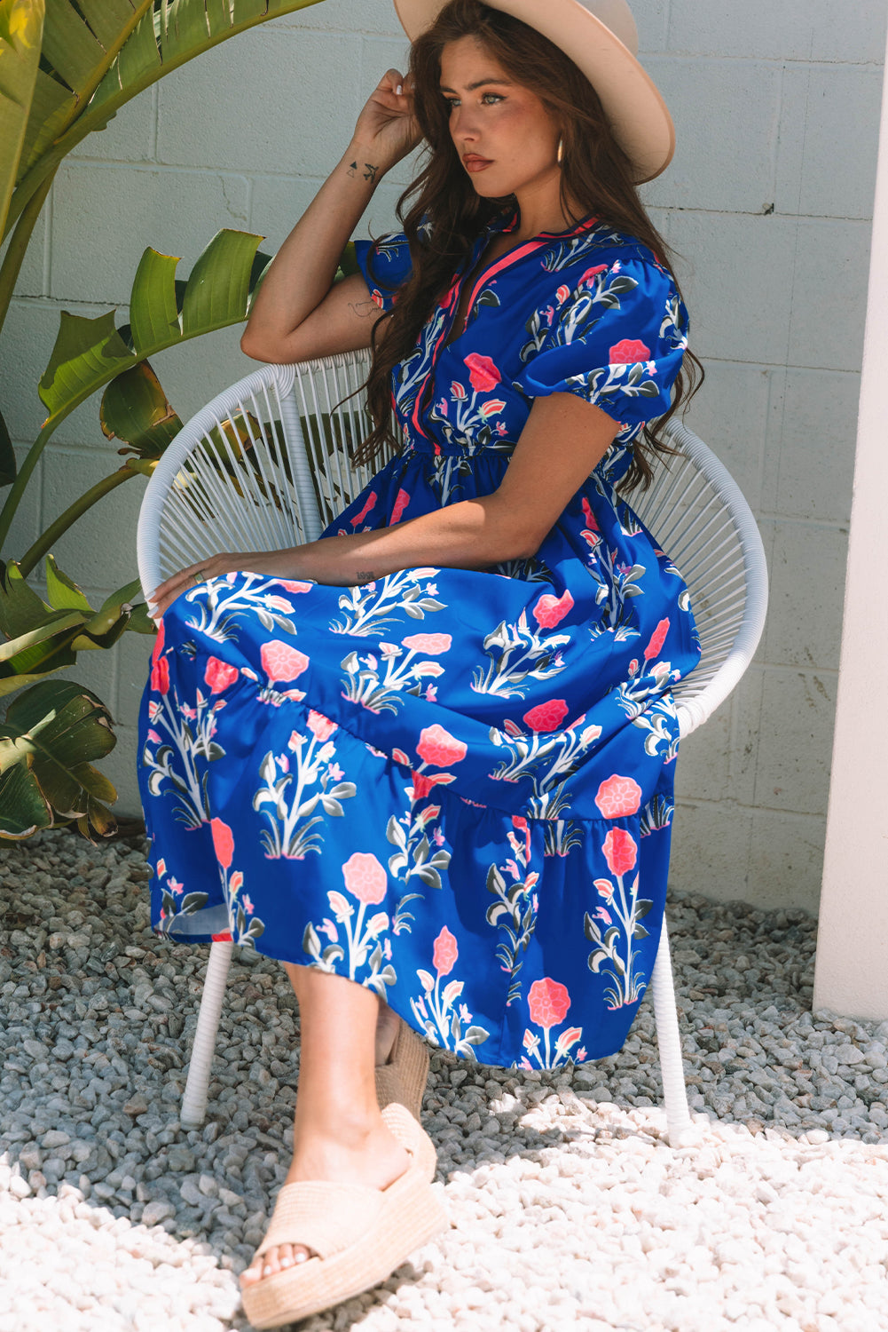 Floral Puff Short Sleeve V Neck High Waist Maxi Dress eAura