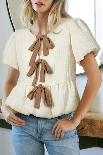 White Textured Bow Ties Front Bubble Hem Puff Short Sleeve Blouse eAura