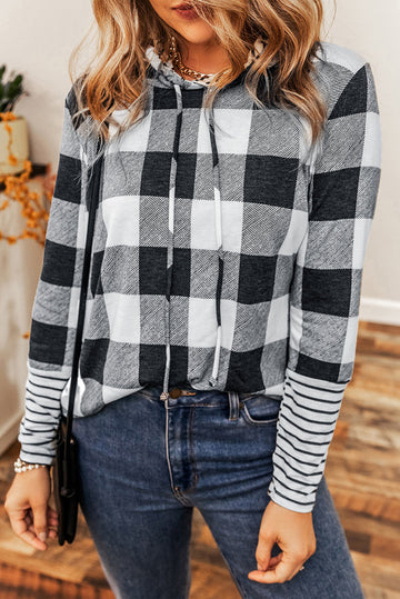 Multicolour Plaid Striped Patchwork Drawstring Hoodie eAura