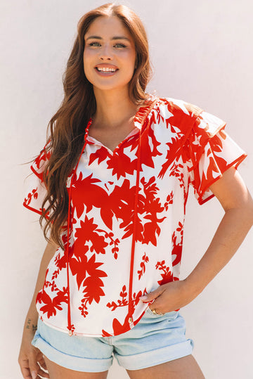Red Plant Print Tiered Ruffled Sleeve V Neck Blouse eAura