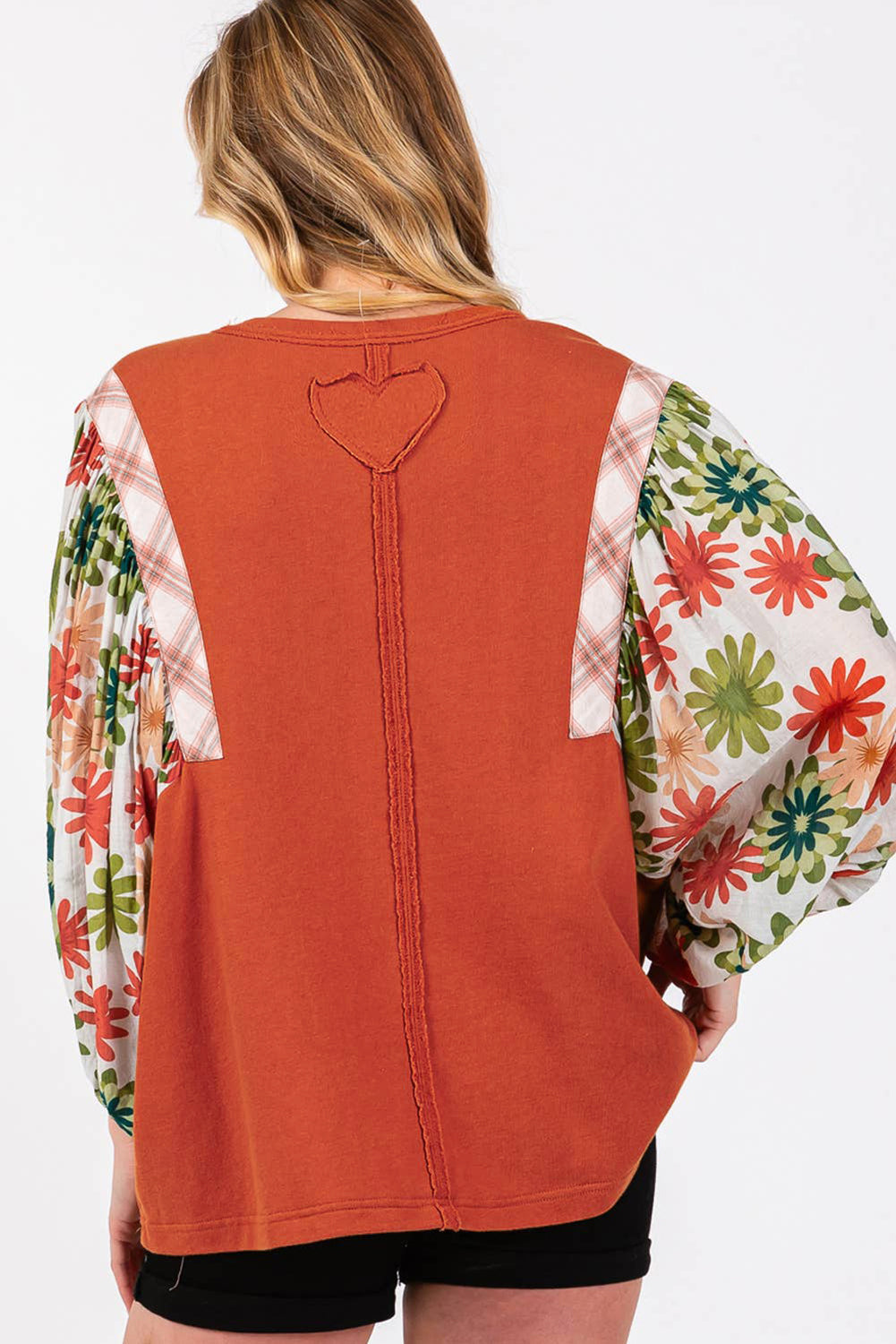 Desert Gold Floral Puff Sleeve Patchwork Round Neck Blouse eAura