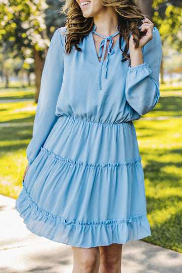 Light Blue V Neck Long Sleeve Ruffle Tiered Mini Dress eAura