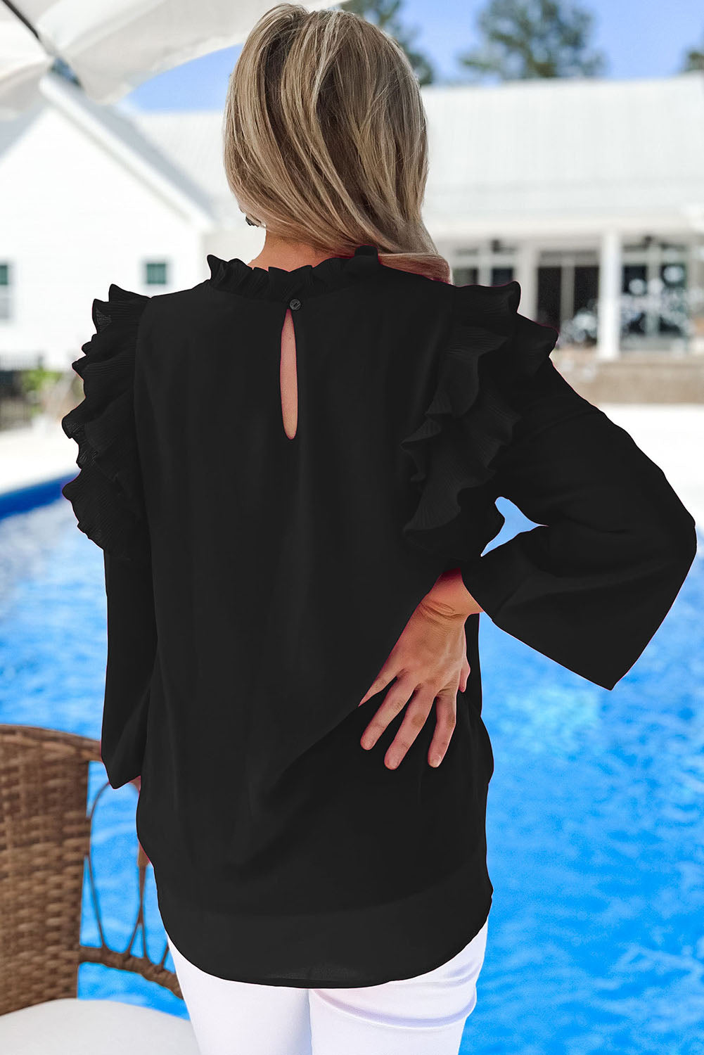 Black Button Keyhole Back Pleated Ruffle Trim Blouse eAura