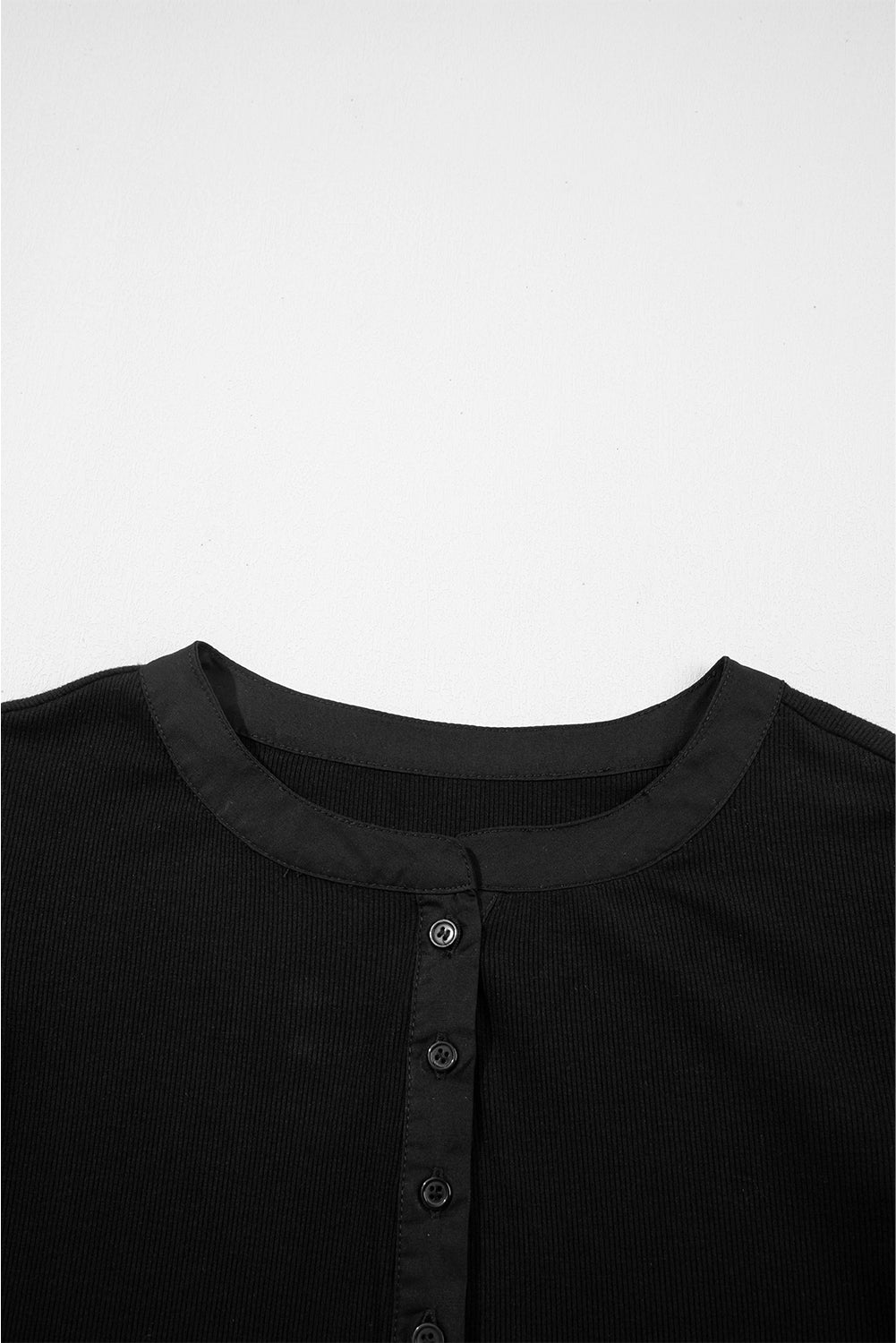 Black Ribbed Patchwork Puff Sleeve Half Button Placket Slim Fit Top eAura