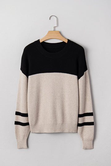 Colour Block Knit Striped Sleeve Detail Casual Sweater eAura