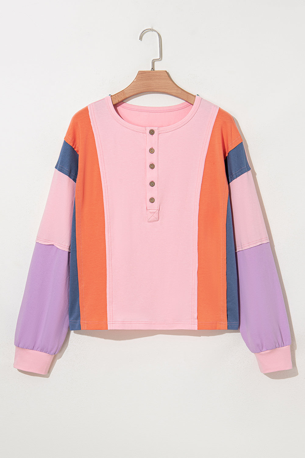 Pink Colourblock Long Sleeve Buttons Henley Top eAura