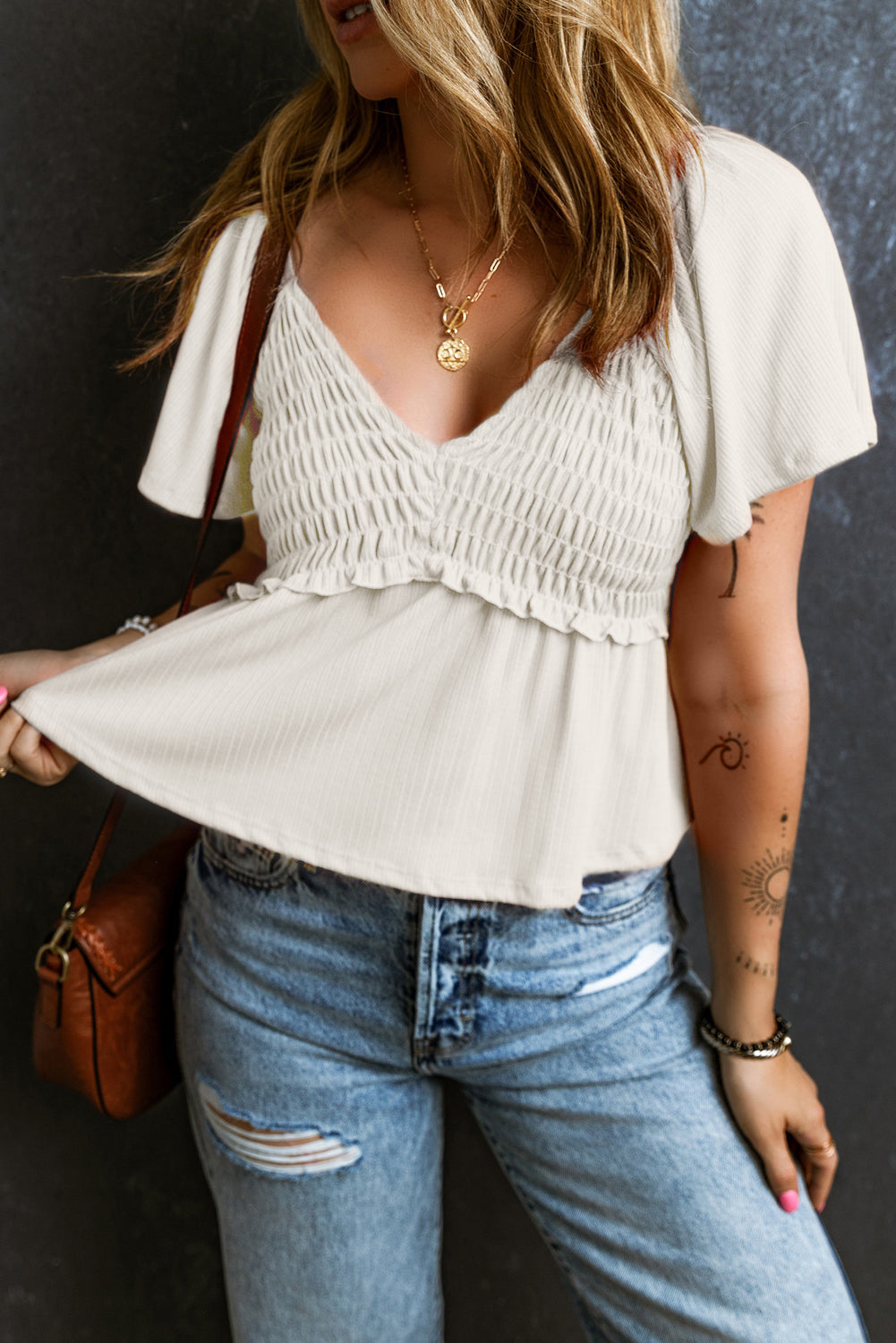 Oatmeal Shirred V Neck Short Flutter Sleeve Textured Blouse eAura