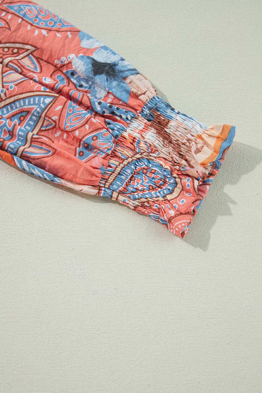 Orange Floral Print Shirred Cuff Buttoned Loose Shirt eAura