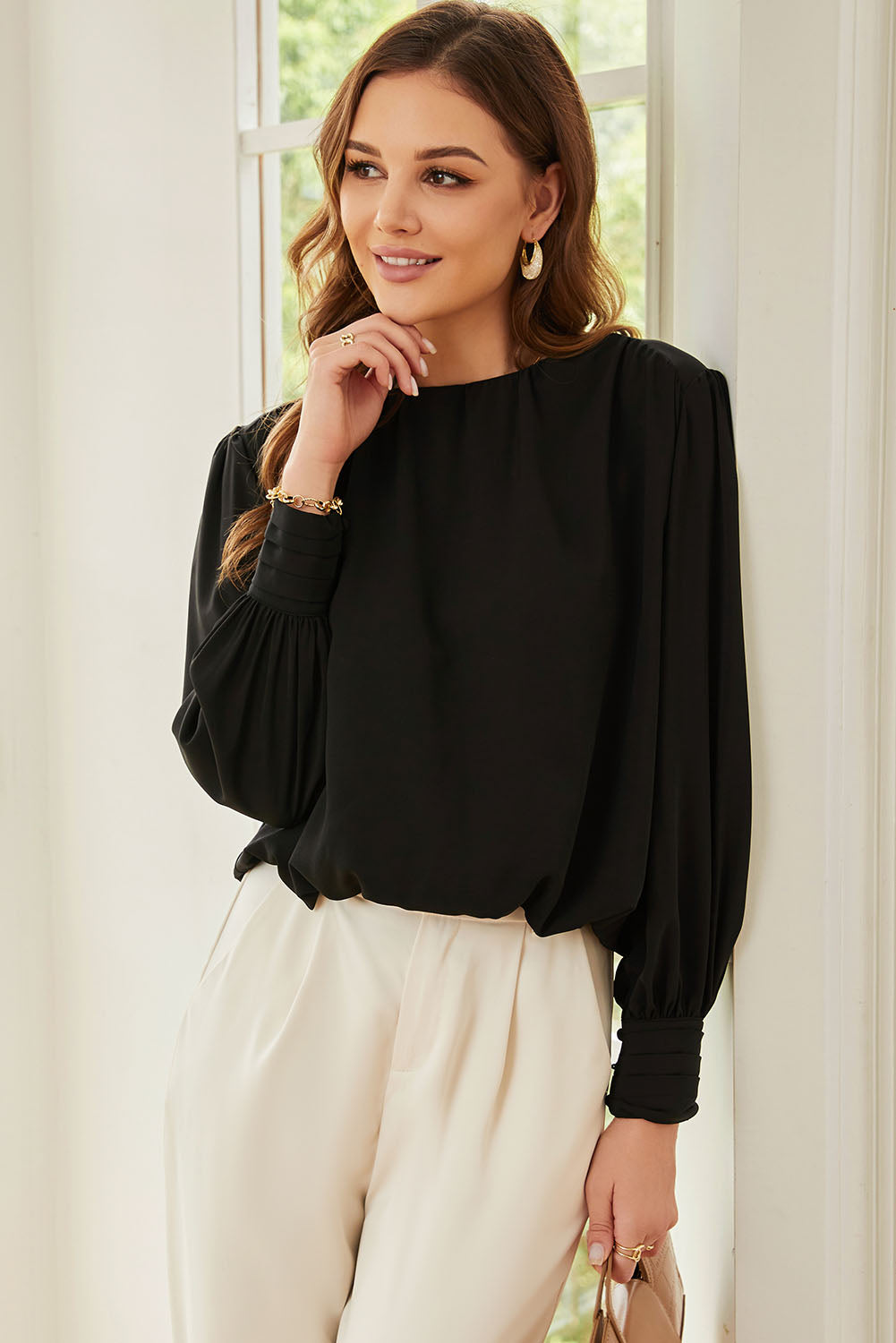 Black Padded Shoulder Buttoned Cuffs Pleated Loose Blouse eAura