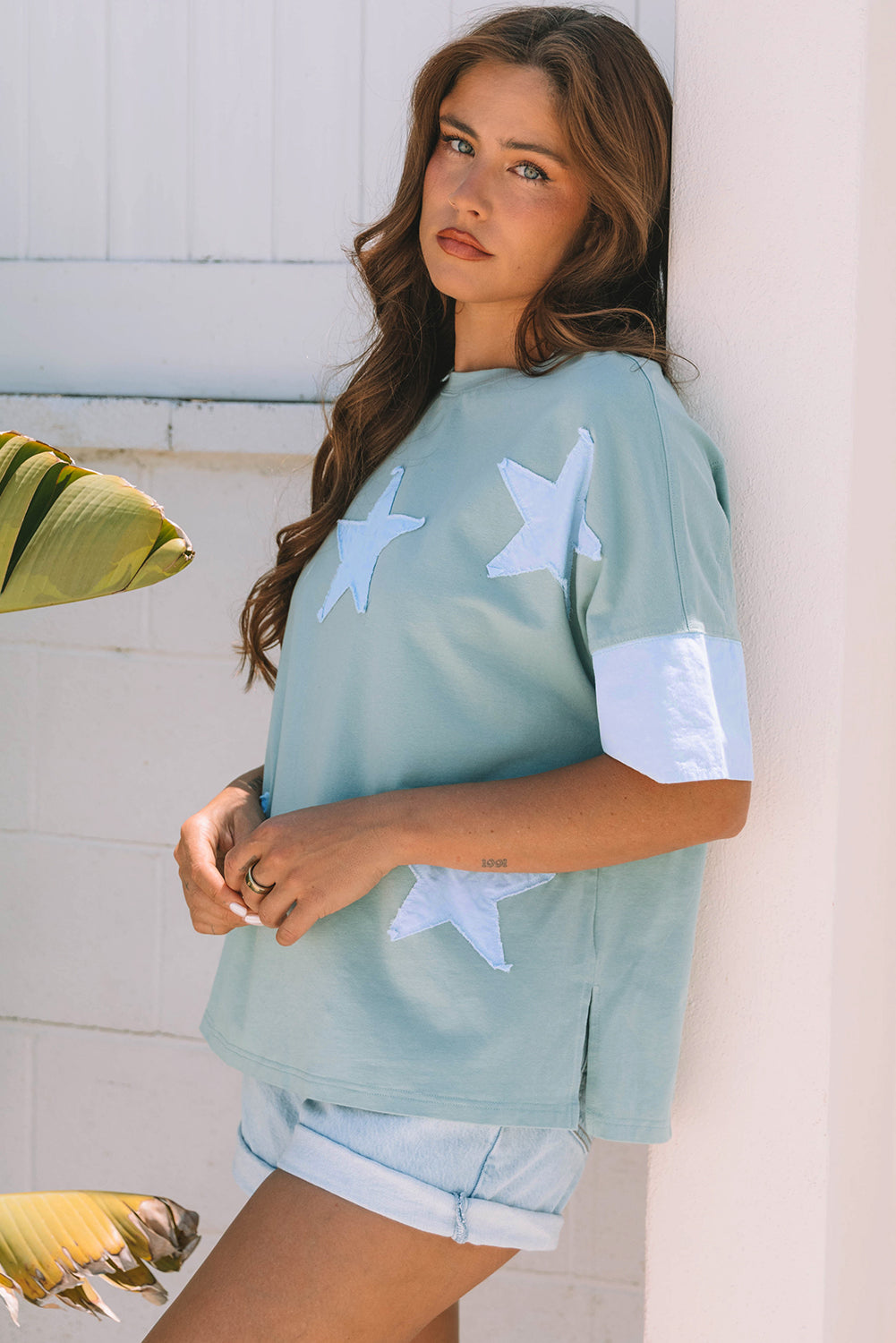 Green Frayed Star Patched Oversize T Shirt eAura