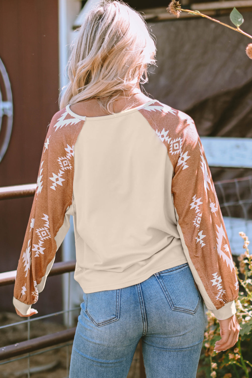 Apricot Western Print Patch Long Sleeve Top eAura