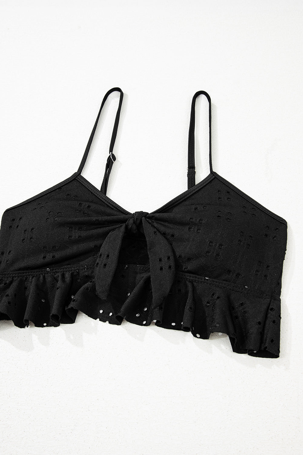 Black Eyelet Pattern Knotted Ruffle Trim 3pcs Bikini Set eAura