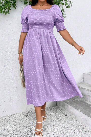 Wisteria Swiss Dot Smocked Frilled Neckline Short Sleeve Plus Size Dress BB Fashion Outlet