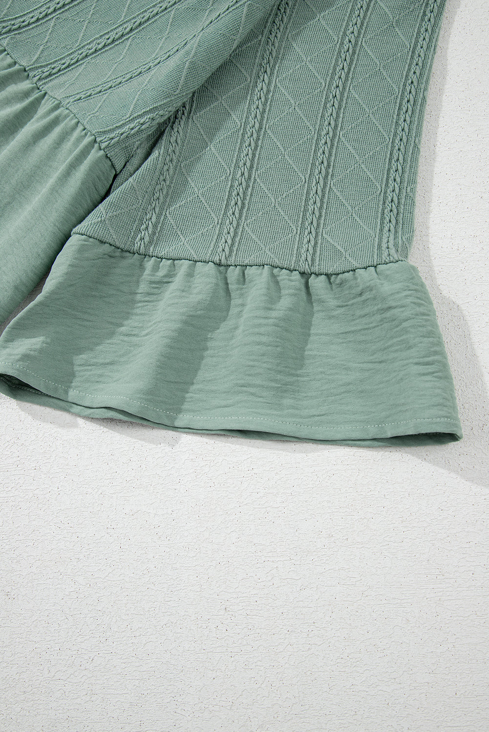 Laurel Green Tie Split Neck Textured Ruffle Patchwork Blouse eAura