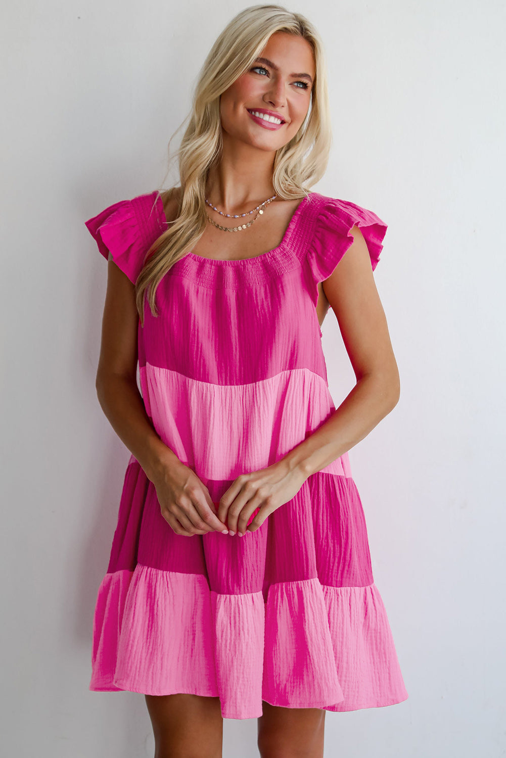 Pink Crinkled Colourblock Patchwork Flutter Tiered Mini Dress eAura
