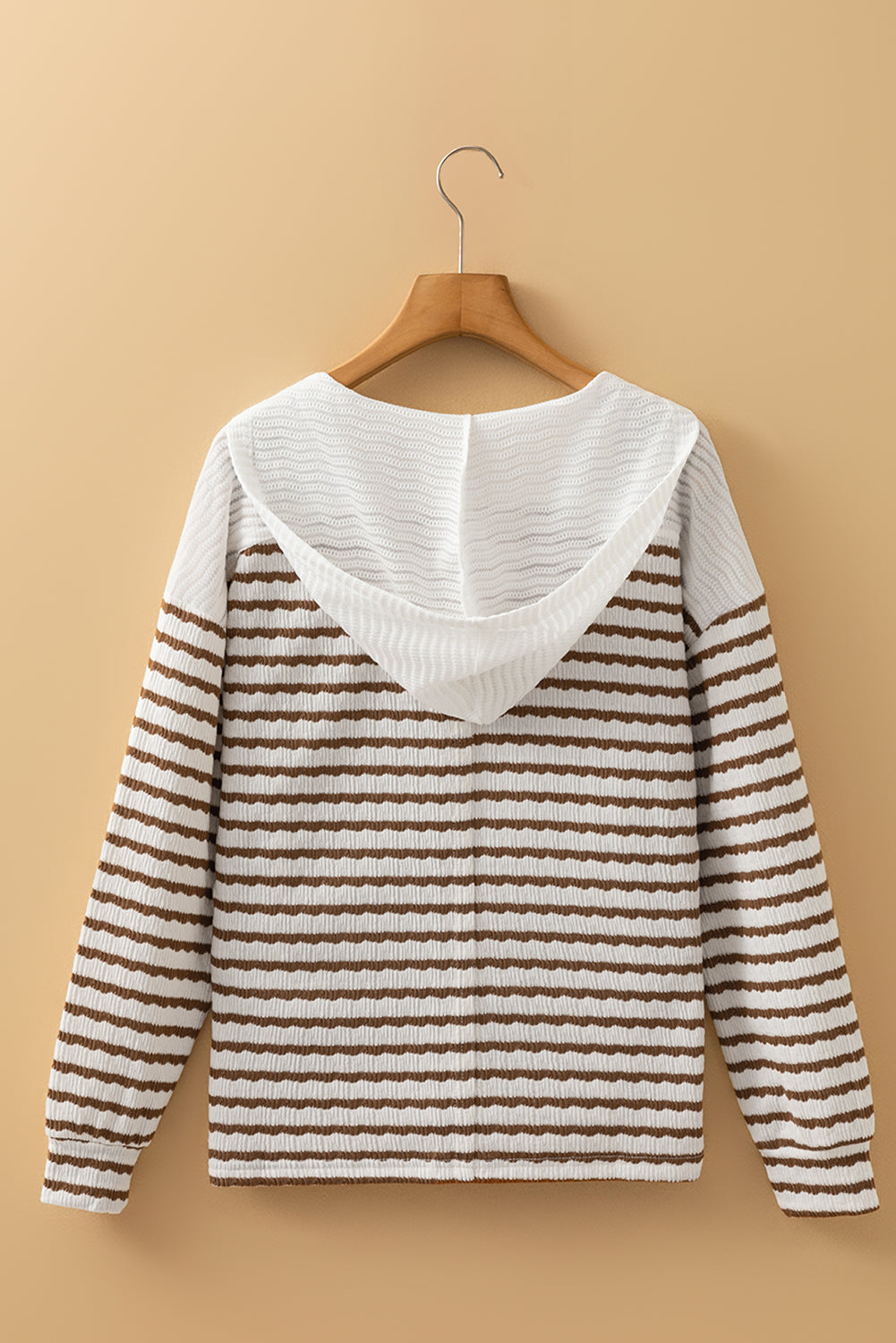 Khaki Stripe Textured Hooded V-Neck Top - BB Fashion Outlet