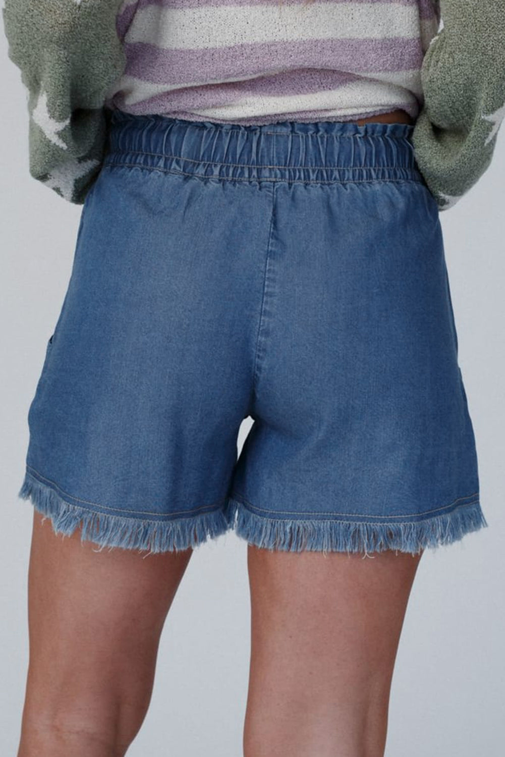 Ashleigh Blue Raw Hem Drawstring High Waist Denim Shorts with Pockets eAura