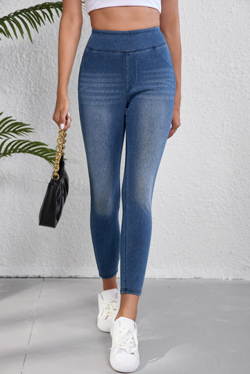 Navy Blue Skinny Elastic Waist Ankle Length Mid Waist Jeggings with Pockets eAura