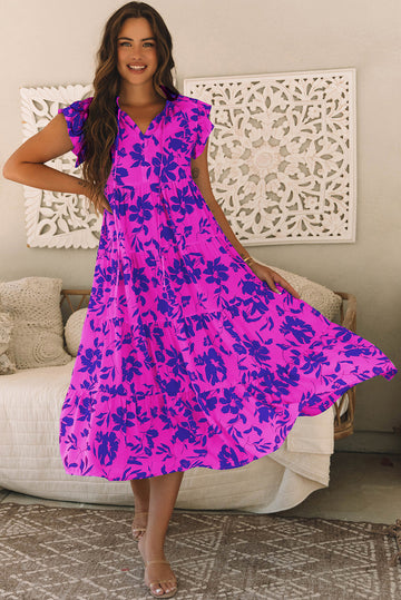 Rose Floral Print Tiered Frilled Trim Flutter Sleeve Maxi Dress eAura