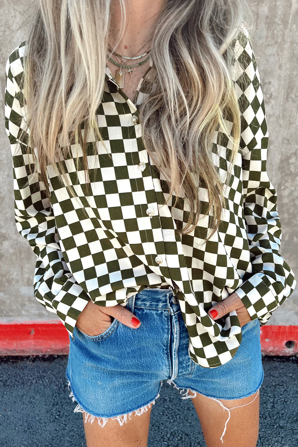 Green Checkerboard Printed Drop Shoulder Loose Casual Shirt eAura