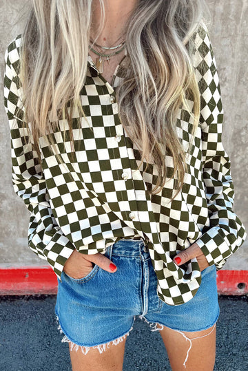Green Checkerboard Printed Drop Shoulder Loose Casual Shirt eAura
