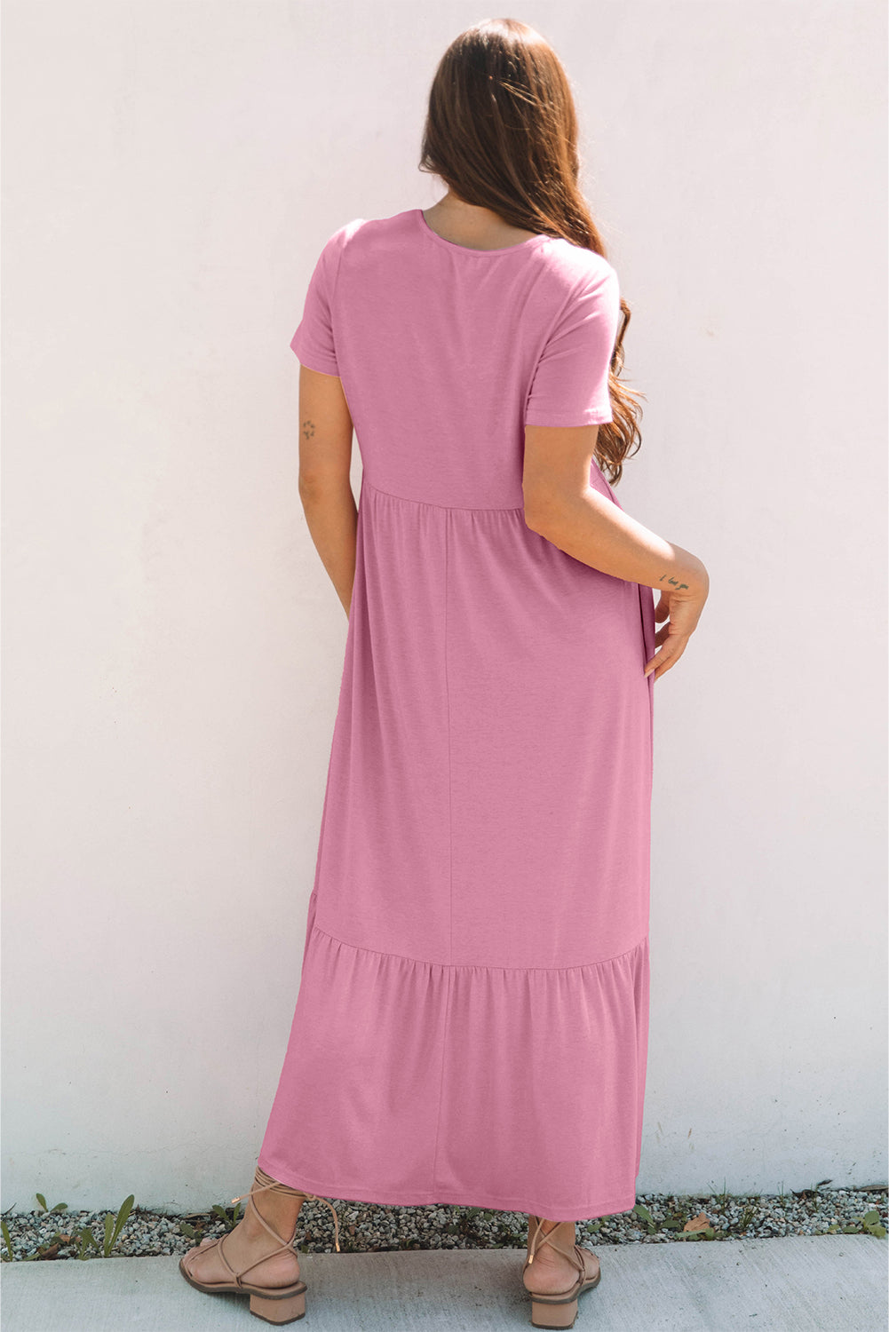 Pink Solid Colour T-shirt High Waist Pocketed Long Dress eAura