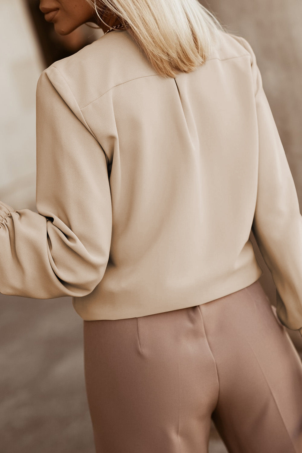 Khaki Crew Neck Gathered Stretch Cuff Shirt eAura