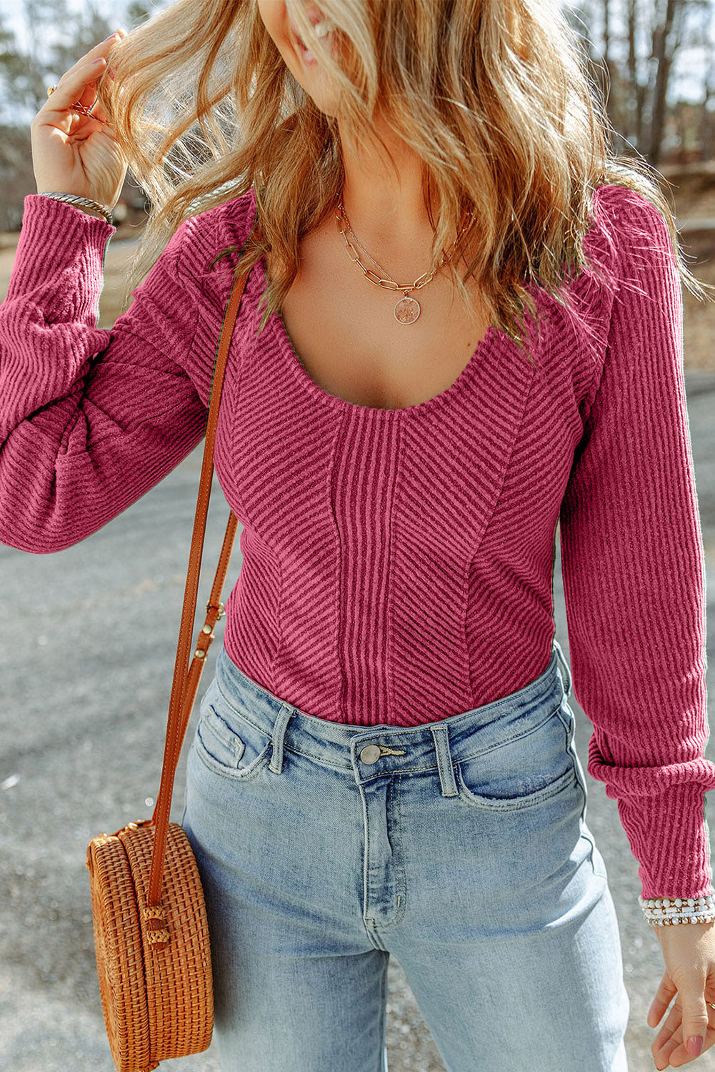 Rose U Neck Textured Long Sleeve Top eAura