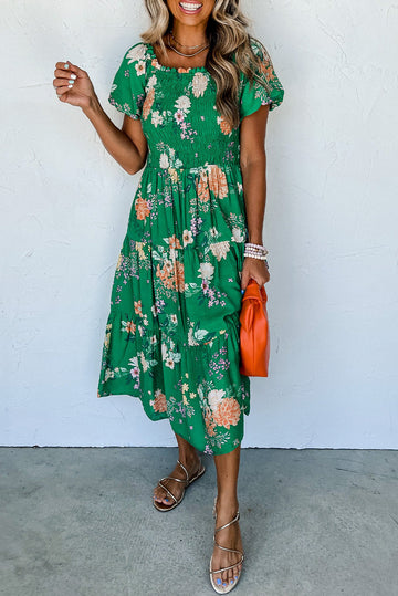 Green Floral Print Bubble Sleeve Smocked Tiered Midi Dress eAura