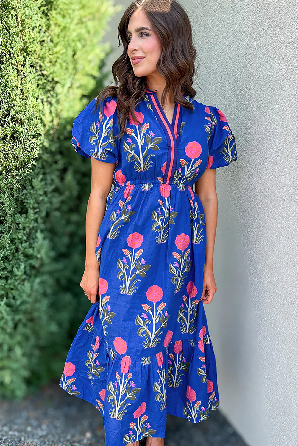 Floral Puff Short Sleeve V Neck High Waist Maxi Dress eAura