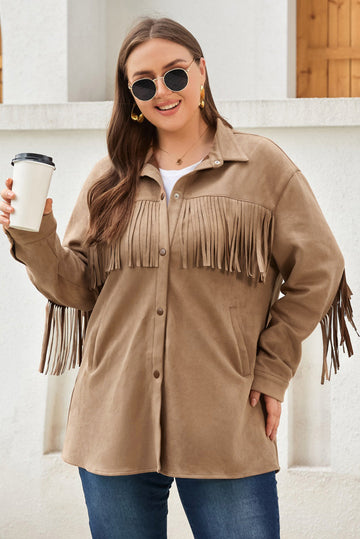 Khaki Fringe Trim Plus Size Suede Shacket BB Fashion Outlet