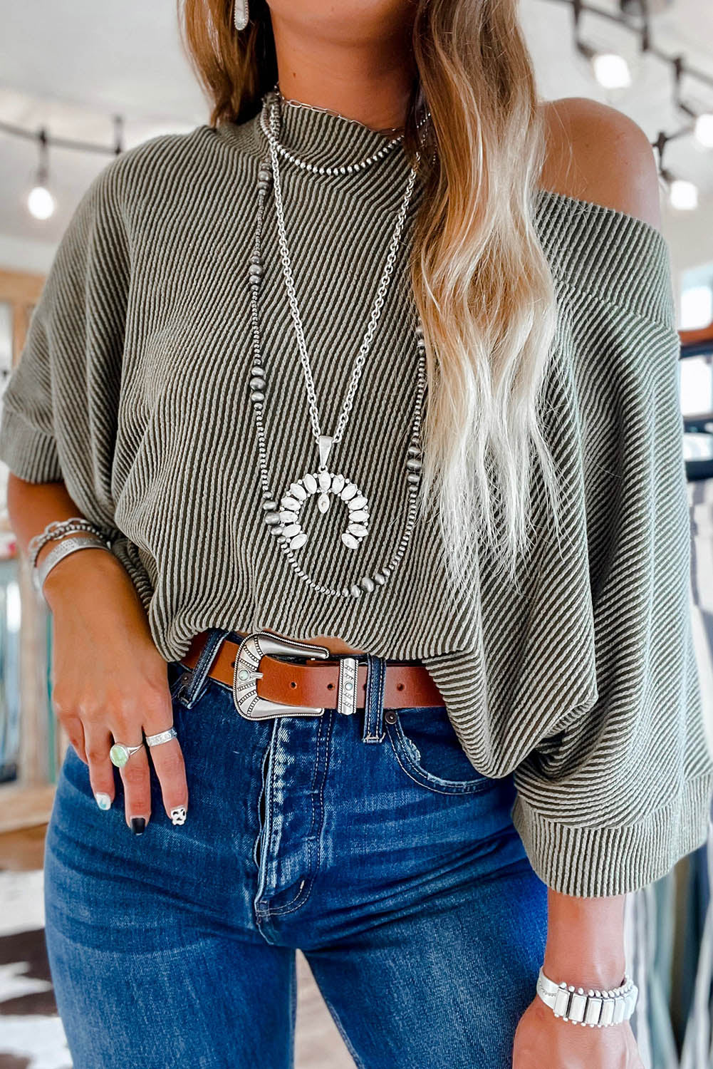 Grey Boatneck Batwing Sleeve Cording Blouse eAura