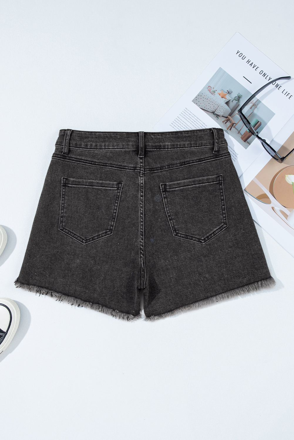 Carbon Grey Raw Hem High Waist Denim Shorts eAura