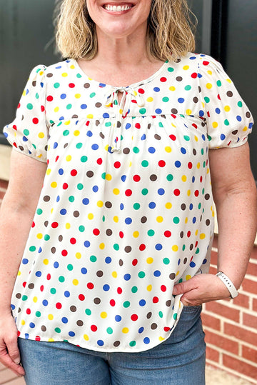 Apricot Plus Size Colourful Polka Dots Tie Neck Puff Sleeve Blouse BB Fashion Outlet