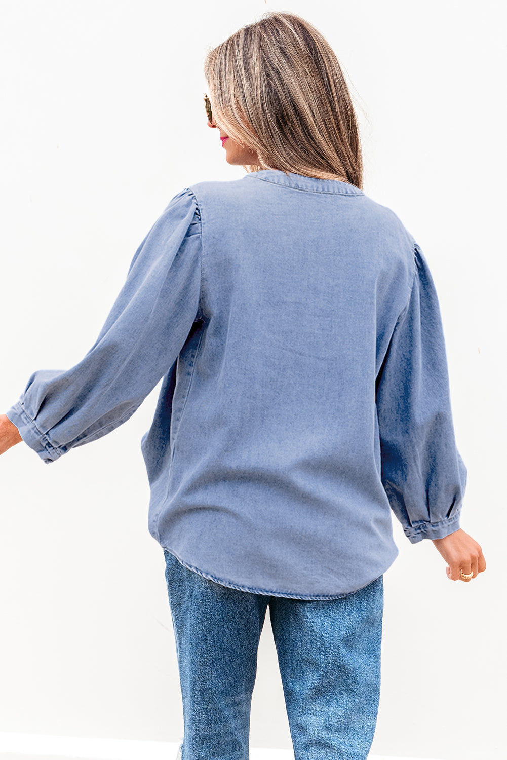 Myosotis Denim Front Pintuck Bow Tie Puff Sleeve Top eAura