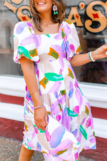 Purple Abstract Print Puff Sleeve Smocked Back Midi Dress BB Fashion Outlet
