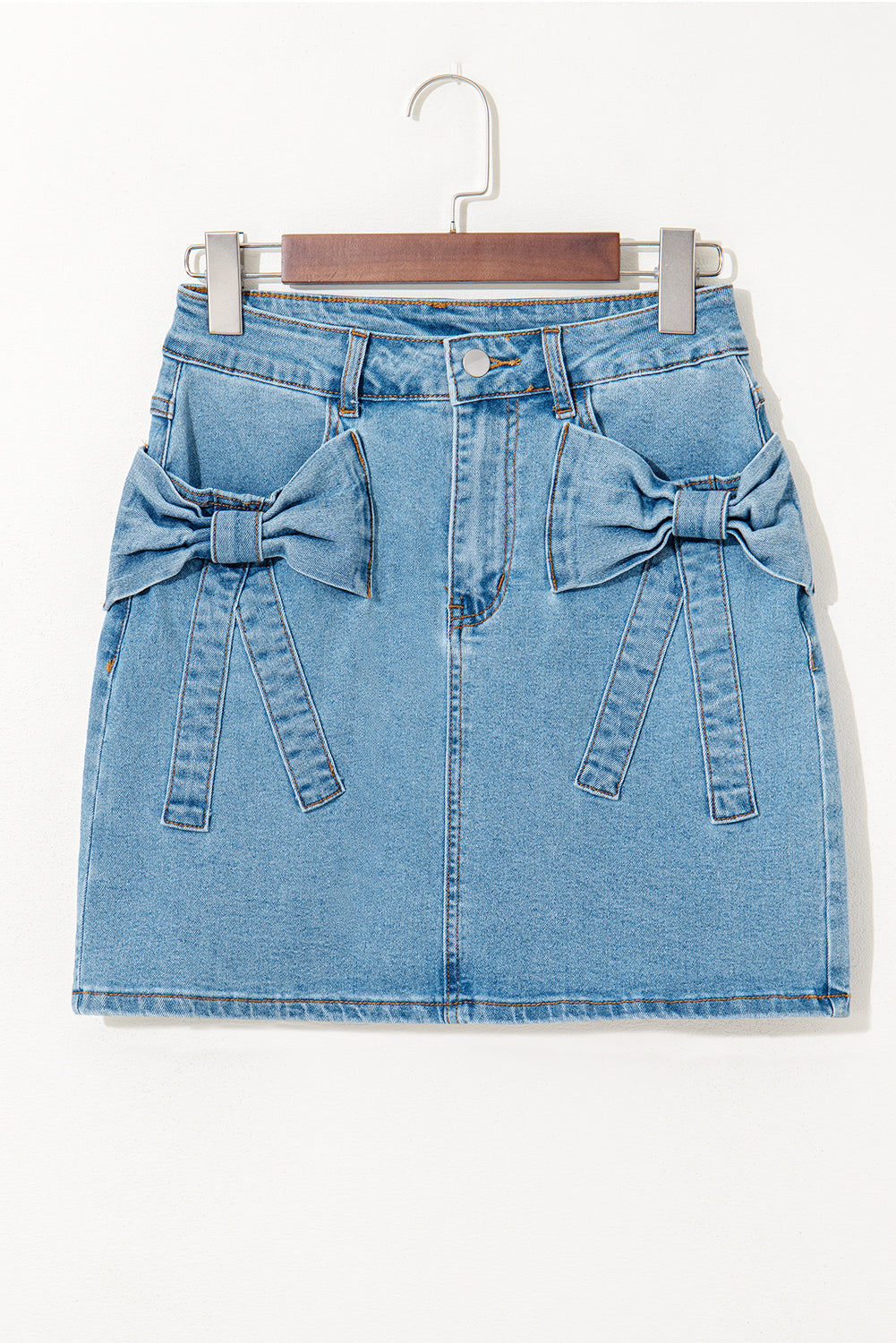 Dusk Blue Acid Wash Bowknot Details High Waist Denim Skirt eAura