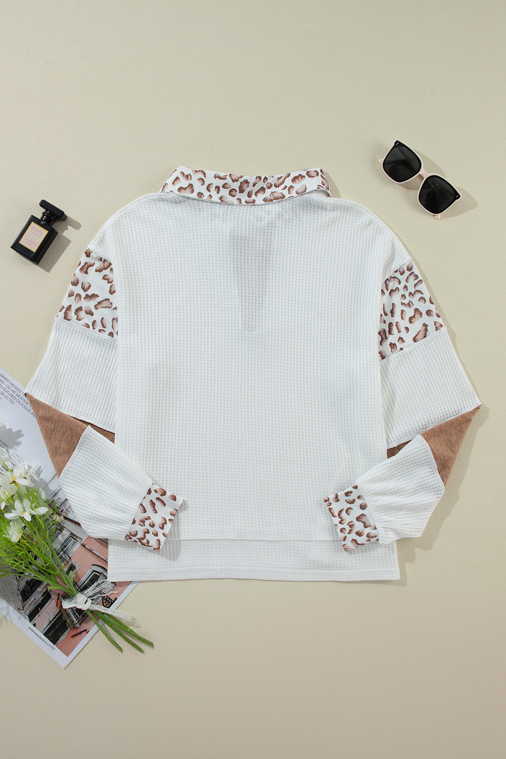 White Leopard Patchwork Turn-down Collar Waffle Top eAura