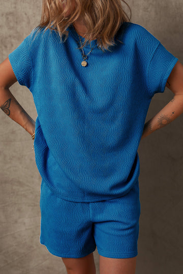 Bluing Solid Textured Crew Neck Short Set Co-ord eAura