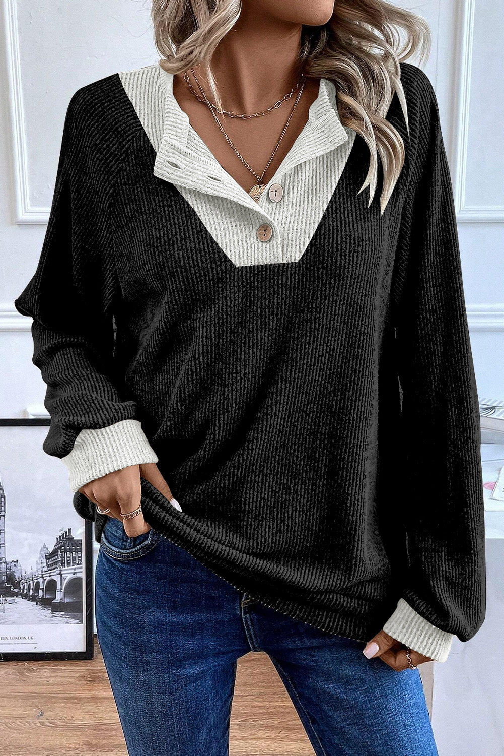 Black Colour Contrast Ribbed Loose Fit Long Sleeve Top eAura