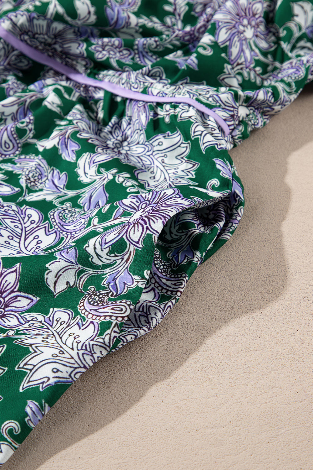 Green Floral Print Piping Trim Bubble Sleeve Square Neck Dress eAura