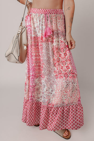 Red Boho Pattern Print Tassel Drawstring High Waist Maxi Skirt eAura